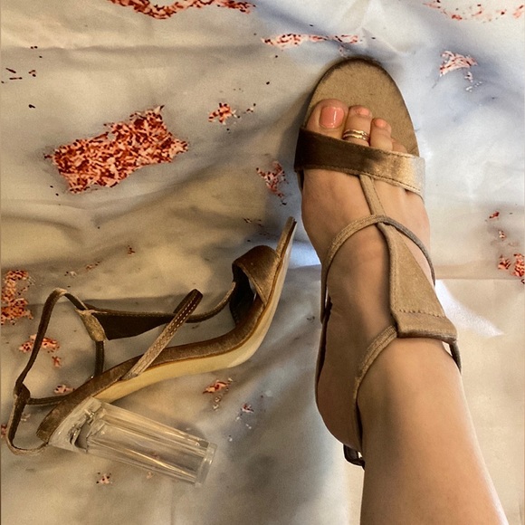 Forever Brand Shoes - Trendy Bronze Velvet Ankle Strap Heels Sandals Clear Transparent Lucite Heel